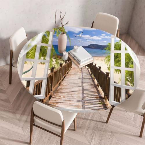 FANSU Tischdecke Outdoor Wetterfest Rund mit Gummizug, Rund Tischdecke 3D Muster Waschbar und Abwischbar für Esstisch, Couchtisch, Gartentisch Geeignet (Holzbrücke,170cm) von FANSU