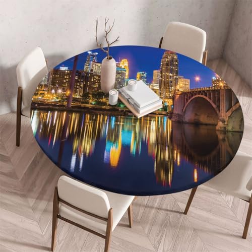 FANSU Tischdecke Outdoor Wetterfest Rund mit Gummizug, Rund Tischdecke 3D Muster Waschbar und Abwischbar für Esstisch, Couchtisch, Gartentisch Geeignet (Lichter Stadt,130cm) von FANSU