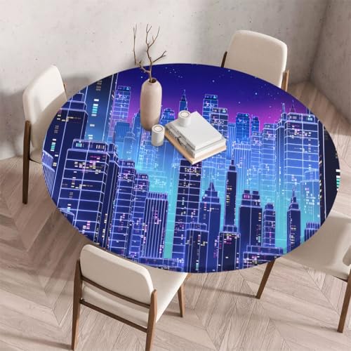 FANSU Tischdecke Outdoor Wetterfest Rund mit Gummizug, Rund Tischdecke 3D Muster Waschbar und Abwischbar für Esstisch, Couchtisch, Gartentisch Geeignet (Lila Stadt,130cm) von FANSU