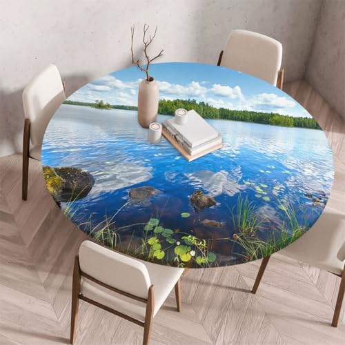 FANSU Tischdecke Outdoor Wetterfest Rund mit Gummizug, Rund Tischdecke 3D Muster Waschbar und Abwischbar für Esstisch, Couchtisch, Gartentisch Geeignet (Lotusblätter,100cm) von FANSU