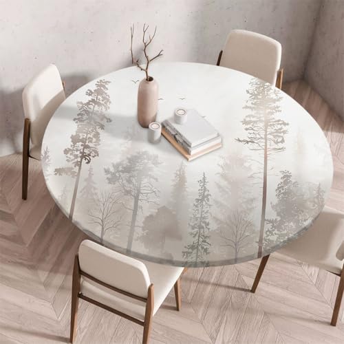 FANSU Tischdecke Outdoor Wetterfest Rund mit Gummizug, Rund Tischdecke 3D Muster Waschbar und Abwischbar für Esstisch, Couchtisch, Gartentisch Geeignet (Neblige Bäume,100cm) von FANSU