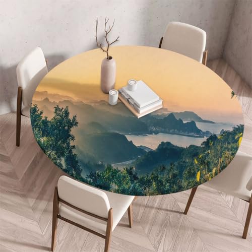 FANSU Tischdecke Outdoor Wetterfest Rund mit Gummizug, Rund Tischdecke 3D Muster Waschbar und Abwischbar für Esstisch, Couchtisch, Gartentisch Geeignet (Nebliger Fluss,140cm) von FANSU