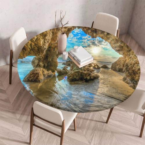 FANSU Tischdecke Outdoor Wetterfest Rund mit Gummizug, Rund Tischdecke 3D Muster Waschbar und Abwischbar für Esstisch, Couchtisch, Gartentisch Geeignet (Riffhöhlen,80cm) von FANSU