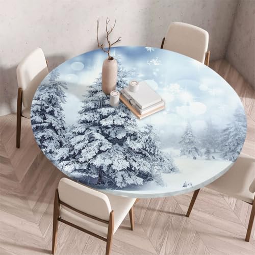 FANSU Tischdecke Outdoor Wetterfest Rund mit Gummizug, Rund Tischdecke 3D Muster Waschbar und Abwischbar für Esstisch, Couchtisch, Gartentisch Geeignet (Schneefeld,60cm) von FANSU