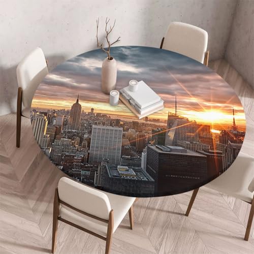 FANSU Tischdecke Outdoor Wetterfest Rund mit Gummizug, Rund Tischdecke 3D Muster Waschbar und Abwischbar für Esstisch, Couchtisch, Gartentisch Geeignet (Sonnenaufgang Stadt,70cm) von FANSU