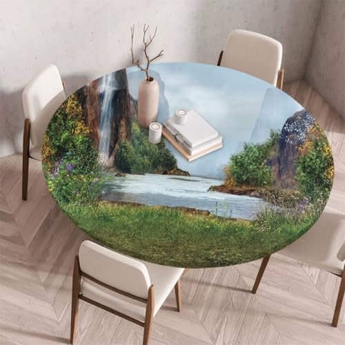 FANSU Tischdecke Outdoor Wetterfest Rund mit Gummizug, Rund Tischdecke 3D Muster Waschbar und Abwischbar für Esstisch, Couchtisch, Gartentisch Geeignet (Tiefe Berge,180cm) von FANSU