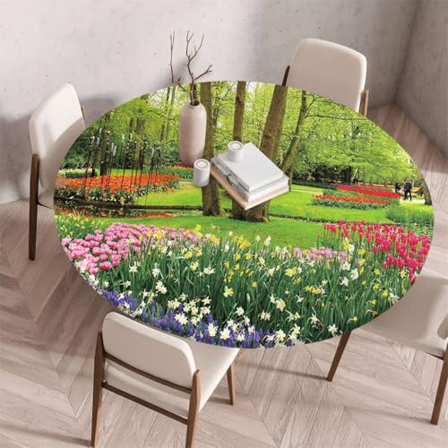 FANSU Tischdecke Outdoor Wetterfest Rund mit Gummizug, Rund Tischdecke 3D Muster Waschbar und Abwischbar für Esstisch, Couchtisch, Gartentisch Geeignet (Tulpengarten,100cm) von FANSU