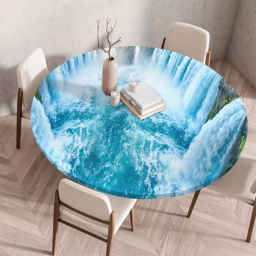 FANSU Tischdecke Outdoor Wetterfest Rund mit Gummizug, Rund Tischdecke 3D Muster Waschbar und Abwischbar für Esstisch, Couchtisch, Gartentisch Geeignet (Wasserfall,60cm) von FANSU