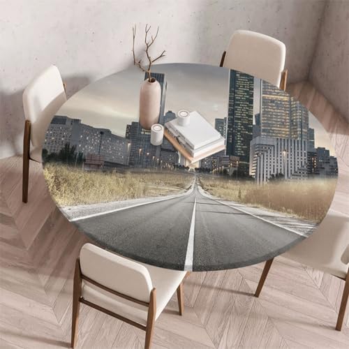 FANSU Tischdecke Outdoor Wetterfest Rund mit Gummizug, Rund Tischdecke mit 3D Muster Waschbar und Abwischbar für Esstisch, Couchtisch, Gartentisch Geeignet (100cm,Stadtautobahn) von FANSU