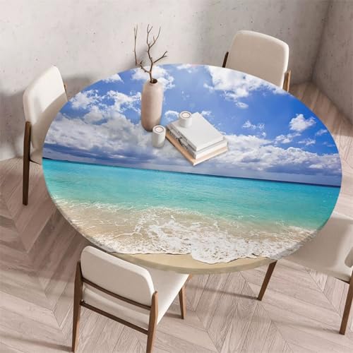 FANSU Tischdecke Outdoor Wetterfest Rund mit Gummizug, Rund Tischdecke mit 3D Muster Waschbar und Abwischbar für Esstisch, Couchtisch, Gartentisch Geeignet (150cm,Blaue Meeresspritzer) von FANSU