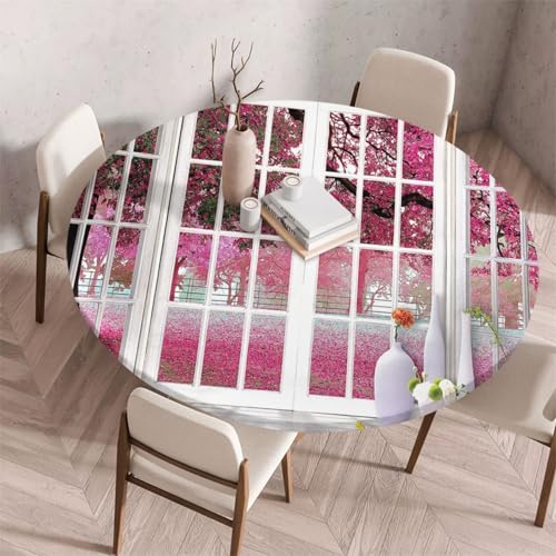 FANSU Tischdecke Outdoor Wetterfest Rund mit Gummizug, Rund Tischdecke mit 3D Muster Waschbar und Abwischbar für Esstisch, Couchtisch, Gartentisch Geeignet (150cm,Blumenbäume) von FANSU