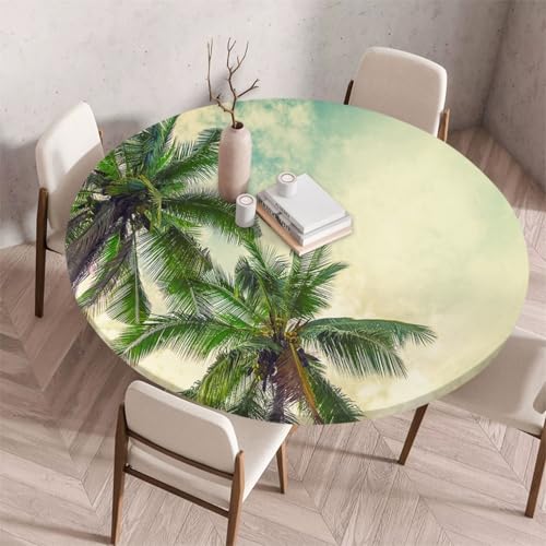 FANSU Tischdecke Outdoor Wetterfest Rund mit Gummizug, Rund Tischdecke mit 3D Muster Waschbar und Abwischbar für Esstisch, Couchtisch, Gartentisch Geeignet (180cm,Kokosnussbaum-Motive) von FANSU