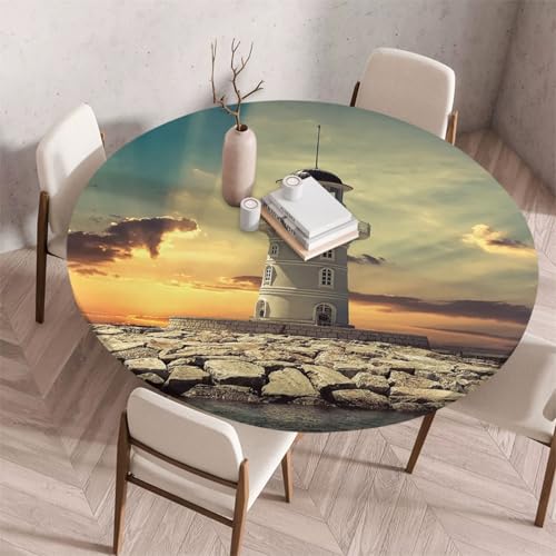 FANSU Tischdecke Outdoor Wetterfest Rund mit Gummizug, Rund Tischdecke mit 3D Muster Waschbar und Abwischbar für Esstisch, Couchtisch, Gartentisch Geeignet (70cm,Leuchtturm) von FANSU