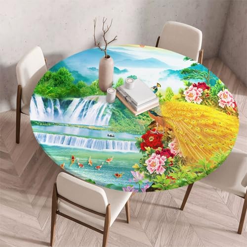 FANSU Tischdecke Outdoor Wetterfest Rund mit Gummizug, Rund Tischdecke mit 3D Muster Waschbar und Abwischbar für Esstisch, Couchtisch, Gartentisch Geeignet (80cm,Goldener Pfau) von FANSU