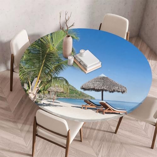 FANSU Tischdecke Outdoor Wetterfest Rund mit Gummizug, Rund Tischdecke mit 3D Muster Waschbar und Abwischbar für Esstisch, Couchtisch, Gartentisch Geeignet (80cm,Palmen) von FANSU