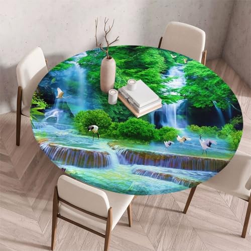FANSU Tischdecke Outdoor Wetterfest Rund mit Gummizug, Rund Tischdecke mit 3D Muster Waschbar und Abwischbar für Esstisch, Couchtisch, Gartentisch Geeignet (90cm,Weiße Vögel) von FANSU