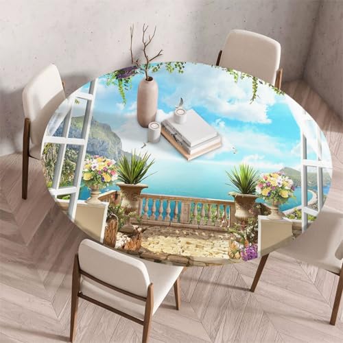 FANSU Tischdecke Outdoor Wetterfest Rund mit Gummizug, Rund Tischdecke mit 3D Muster Waschbar und Abwischbar für Esstisch, Couchtisch, Gartentisch Geeignet (Balkon,100cm) von FANSU