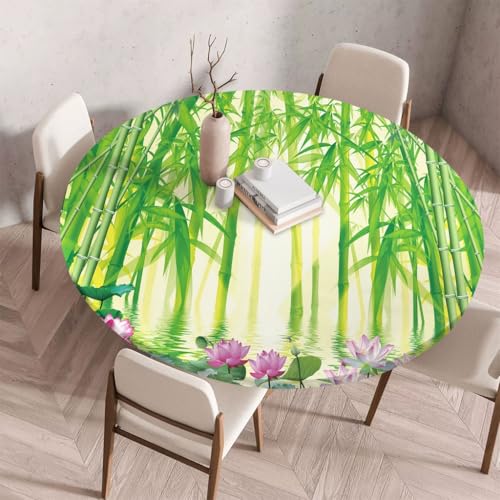 FANSU Tischdecke Outdoor Wetterfest Rund mit Gummizug, Rund Tischdecke mit 3D Muster Waschbar und Abwischbar für Esstisch, Couchtisch, Gartentisch Geeignet (Bambuslotus,150cm) von FANSU