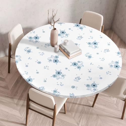 FANSU Tischdecke Outdoor Wetterfest Rund mit Gummizug, Rund Tischdecke mit 3D Muster Waschbar und Abwischbar für Esstisch, Couchtisch, Gartentisch Geeignet (Blaue Blumen,170cm) von FANSU