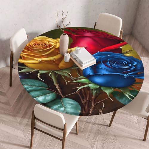 FANSU Tischdecke Outdoor Wetterfest Rund mit Gummizug, Rund Tischdecke mit 3D Muster Waschbar und Abwischbar für Esstisch, Couchtisch, Gartentisch Geeignet (Blaue Rose,140cm) von FANSU