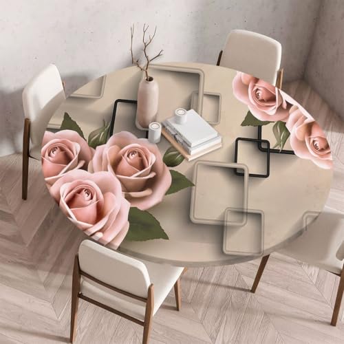 FANSU Tischdecke Outdoor Wetterfest Rund mit Gummizug, Rund Tischdecke mit 3D Muster Waschbar und Abwischbar für Esstisch, Couchtisch, Gartentisch Geeignet (Dunkelrosa Rose,110cm) von FANSU