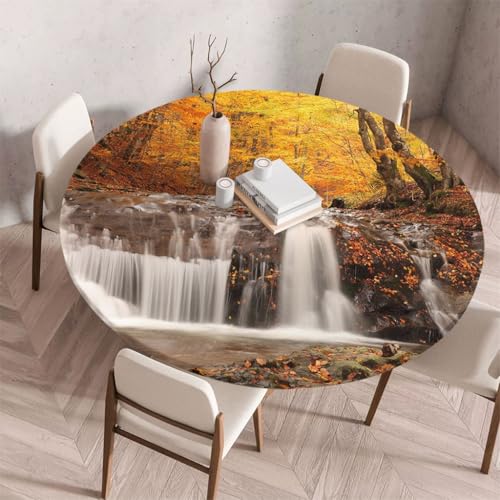 FANSU Tischdecke Outdoor Wetterfest Rund mit Gummizug, Rund Tischdecke mit 3D Muster Waschbar und Abwischbar für Esstisch, Couchtisch, Gartentisch Geeignet (Gelber Walddruck,180cm) von FANSU