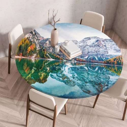 FANSU Tischdecke Outdoor Wetterfest Rund mit Gummizug, Rund Tischdecke mit 3D Muster Waschbar und Abwischbar für Esstisch, Couchtisch, Gartentisch Geeignet (Gletschersee,90cm) von FANSU