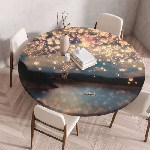 FANSU Tischdecke Outdoor Wetterfest Rund mit Gummizug, Rund Tischdecke mit 3D Muster Waschbar und Abwischbar für Esstisch, Couchtisch, Gartentisch Geeignet (Himmelslaternen-Print,80cm) von FANSU