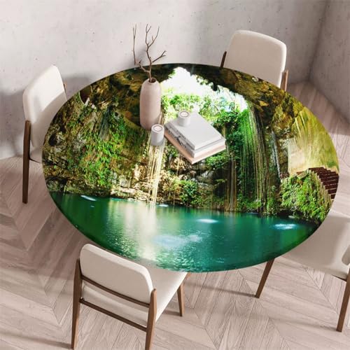 FANSU Tischdecke Outdoor Wetterfest Rund mit Gummizug, Rund Tischdecke mit 3D Muster Waschbar und Abwischbar für Esstisch, Couchtisch, Gartentisch Geeignet (Höhle,80cm) von FANSU