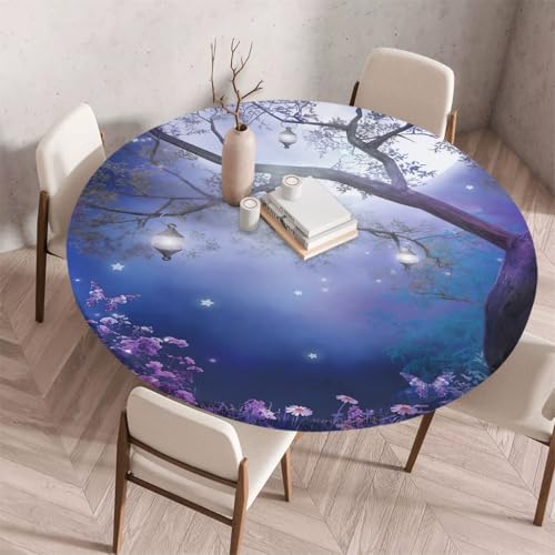 FANSU Tischdecke Outdoor Wetterfest Rund mit Gummizug, Rund Tischdecke mit 3D Muster Waschbar und Abwischbar für Esstisch, Couchtisch, Gartentisch Geeignet (Nachtlaternen,140cm) von FANSU