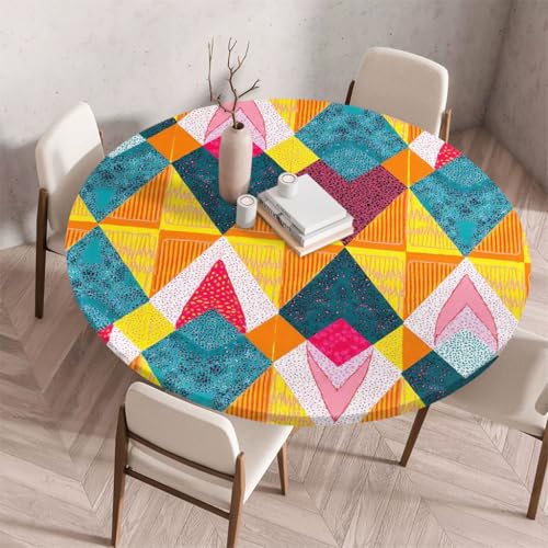 FANSU Tischdecke Outdoor Wetterfest Rund mit Gummizug, Rund Tischdecke mit 3D Muster Waschbar und Abwischbar für Esstisch, Couchtisch, Gartentisch Geeignet (Patchwork 4,120cm) von FANSU