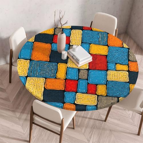 FANSU Tischdecke Outdoor Wetterfest Rund mit Gummizug, Rund Tischdecke mit 3D Muster Waschbar und Abwischbar für Esstisch, Couchtisch, Gartentisch Geeignet (Patchwork 5,130cm) von FANSU