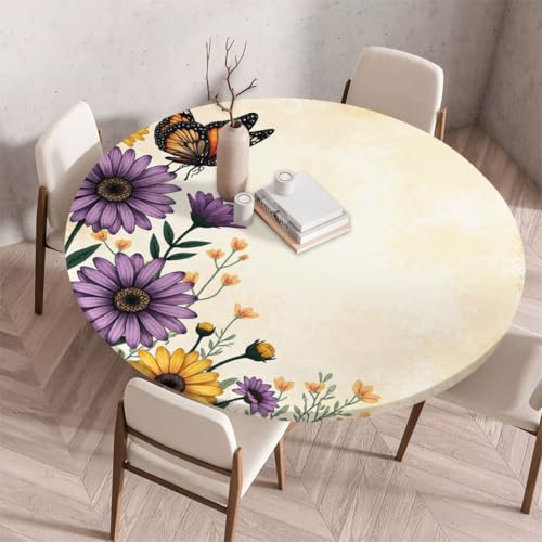 FANSU Tischdecke Outdoor Wetterfest Rund mit Gummizug, Rund Tischdecke mit 3D Muster Waschbar und Abwischbar für Esstisch, Couchtisch, Gartentisch Geeignet (Retro-Blumen B,150cm) von FANSU