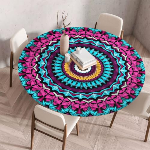 FANSU Tischdecke Outdoor Wetterfest Rund mit Gummizug, Rund Tischdecke mit 3D Muster Waschbar und Abwischbar für Esstisch, Couchtisch, Gartentisch Geeignet (Retro-Stamm 3,130cm) von FANSU