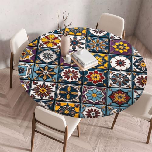 FANSU Tischdecke Outdoor Wetterfest Rund mit Gummizug, Rund Tischdecke mit 3D Muster Waschbar und Abwischbar für Esstisch, Couchtisch, Gartentisch Geeignet (Retro-Stil 16,180cm) von FANSU