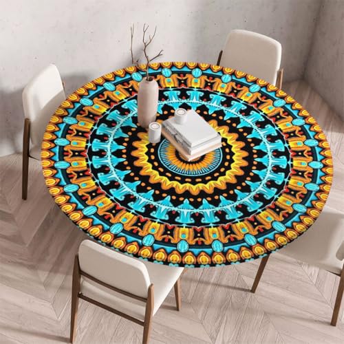 FANSU Tischdecke Outdoor Wetterfest Rund mit Gummizug, Rund Tischdecke mit 3D Muster Waschbar und Abwischbar für Esstisch, Couchtisch, Gartentisch Geeignet (Retro-Stil 58,200cm) von FANSU