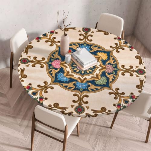 FANSU Tischdecke Outdoor Wetterfest Rund mit Gummizug, Rund Tischdecke mit 3D Muster Waschbar und Abwischbar für Esstisch, Couchtisch, Gartentisch Geeignet (Schicker Klassiker 2,130cm) von FANSU