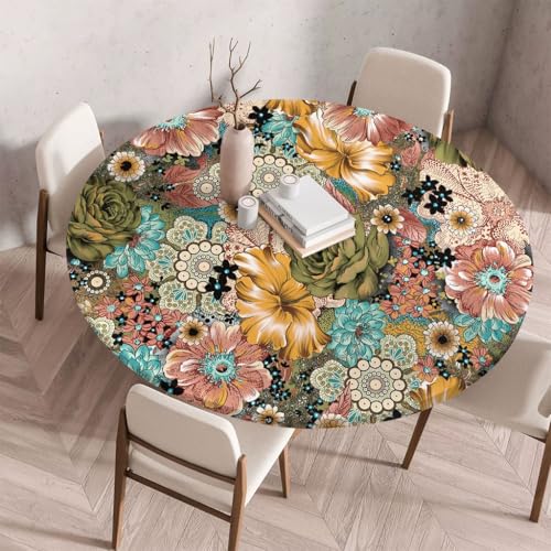 FANSU Tischdecke Outdoor Wetterfest Rund mit Gummizug, Rund Tischdecke mit 3D Muster Waschbar und Abwischbar für Esstisch, Couchtisch, Gartentisch Geeignet (Stechapfelblüten,70cm) von FANSU
