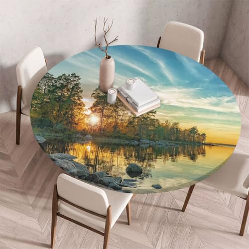 FANSU Tischdecke Outdoor Wetterfest Rund mit Gummizug, Rund Tischdecke mit 3D Muster Waschbar und Abwischbar für Esstisch, Couchtisch, Gartentisch Geeignet (Steinsee,80cm) von FANSU