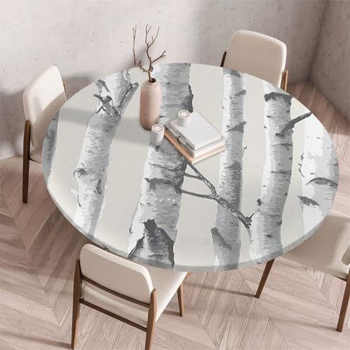 FANSU Tischdecke Outdoor Wetterfest Rund mit Gummizug, Rund Tischdecke mit 3D Muster Waschbar und Abwischbar für Esstisch, Couchtisch, Gartentisch Geeignet (Weißer Baum,100cm) von FANSU