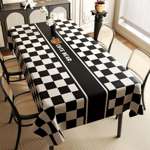 FANSU Tischdecke PVC Outdoor Wetterfest, Gartentischdecke Abwaschbar Wischbare Tischtuch, Wasserdicht Tischwäsche für Wohnzimmer Garten Balkon (Schwarz kariert,140 * 140CM) von FANSU