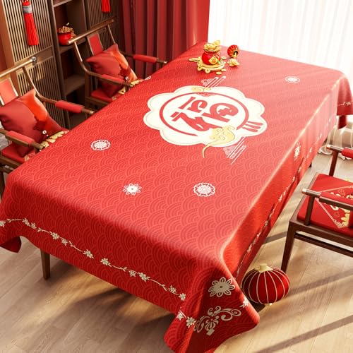 FANSU Tischdecke PVC Outdoor Wetterfest, Rotes Neujahr Gartentischdecke Abwaschbar Wischbare Tischtuch, Wasserdicht Tischwäsche für Wohnzimmer Garten Balkon (Fu-Muster 1,90 * 140CM) von FANSU