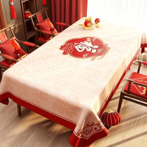 FANSU Tischdecke PVC Outdoor Wetterfest, Rotes Neujahr Gartentischdecke Abwaschbar Wischbare Tischtuch, Wasserdicht Tischwäsche für Wohnzimmer Garten Balkon (Fu-Muster 5,100 * 100CM) von FANSU