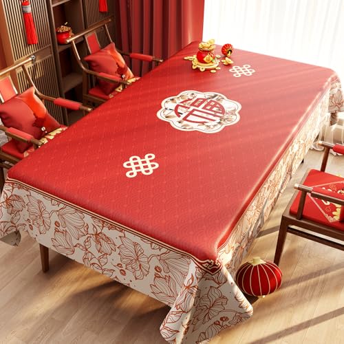 FANSU Tischdecke PVC Outdoor Wetterfest, Rotes Neujahr Gartentischdecke Abwaschbar Wischbare Tischtuch, Wasserdicht Tischwäsche für Wohnzimmer Garten Balkon (Fu-Muster 8,60 * 120CM) von FANSU