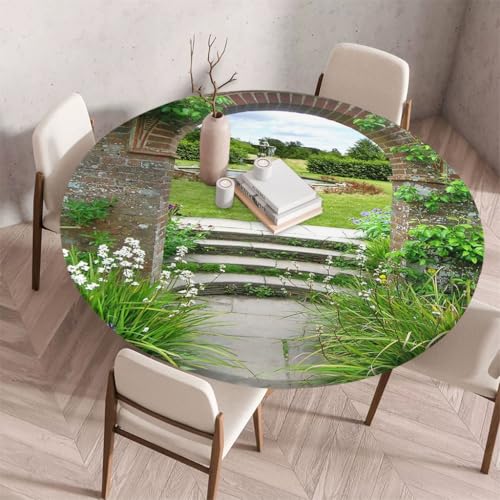 FANSU Tischdecke Rund Abwaschbar 3D-Naturlandschaft für Outdoor Gartentischdecke Rund Elastisch Schmutzabweisend für Garten Küche, Esstisch, Parteien (Garten,170cm) von FANSU
