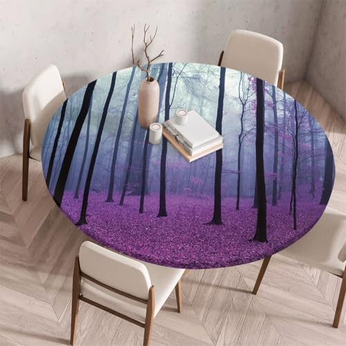 FANSU Tischdecke Rund Abwaschbar 3D-Naturlandschaft für Outdoor Gartentischdecke Rund Elastisch Schmutzabweisend für Garten Küche, Esstisch, Parteien (Lila Wald,90cm) von FANSU