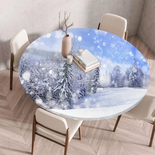 FANSU Tischdecke Rund Abwaschbar 3D-Naturlandschaft für Outdoor Gartentischdecke Rund Elastisch Schmutzabweisend für Garten Küche, Esstisch, Parteien (Schneeflocken,140cm) von FANSU
