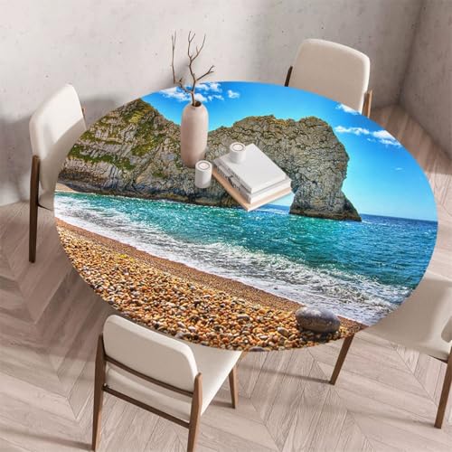 FANSU Tischdecke Rund Abwaschbar 3D-Naturlandschaft für Outdoor Gartentischdecke Rund Elastisch Schmutzabweisend für Garten Küche, Esstisch, Parteien (Strand,200cm) von FANSU