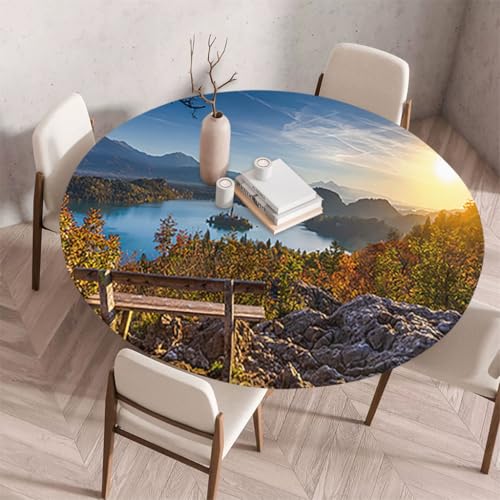 FANSU Tischdecke Rund Abwaschbar 3D-Naturlandschaft für Outdoor Gartentischdecke Rund Elastisch Schmutzabweisend für Garten Küche, Esstisch, Parteien (Urlaub,90cm) von FANSU