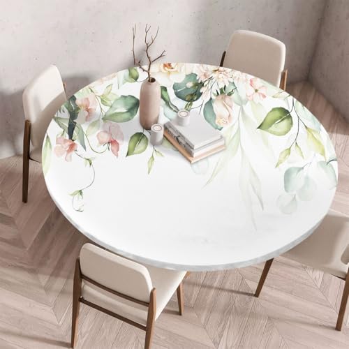 FANSU Tischdecke Rund Abwaschbar für 3D Blumen Outdoor Gartentischdecke Rund Elastisch Schmutzabweisend für Garten Küche, Esstisch, Parteien (Blatt,90cm) von FANSU